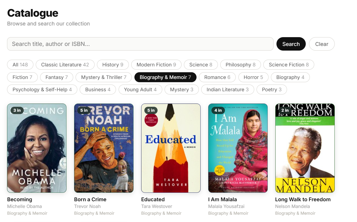 Librify catalogue with search, category filters and book covers