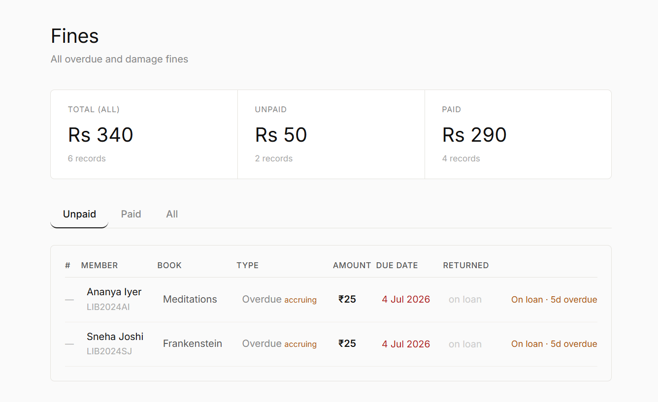 Librify fines screen showing totals and a list of unpaid overdue fines
