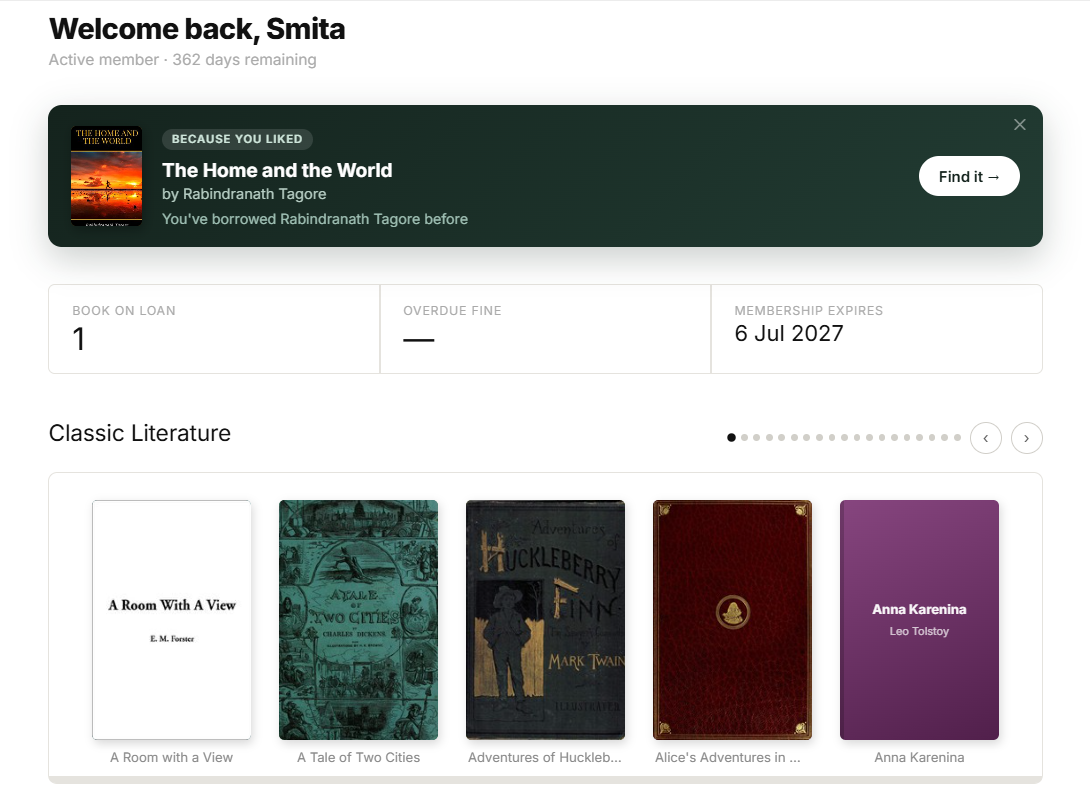 Librify member portal welcome screen with recommendations and browsing carousel